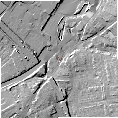 Shaded relief map of the ground around BS56NQ, computed from Environment Agency LiDAR. The ground here sits at about 11 m above sea level and falls 16 m across the surrounding 800 m. Surface water reaching this point runs off ground lying to the east-south-east, 14.2 m higher.