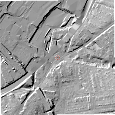 Shaded relief map of the ground around BS56NR, computed from Environment Agency LiDAR. The ground here sits at about 10 m above sea level and falls 20 m across the surrounding 800 m. Surface water reaching this point runs off ground lying to the east-south-east, 20.0 m higher.