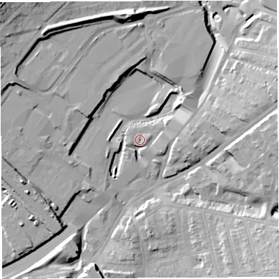 Shaded relief map of the ground around BS56NT, computed from Environment Agency LiDAR. The ground here sits at about 11 m above sea level and falls 23 m across the surrounding 800 m. Surface water reaching this point runs off ground lying to the north-west, 22.7 m higher.