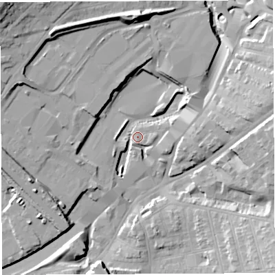 Shaded relief map of the ground around BS56NU, computed from Environment Agency LiDAR. The ground here sits at about 11 m above sea level and falls 24 m across the surrounding 800 m. Surface water reaching this point runs off ground lying to the north-west, 19.3 m higher.
