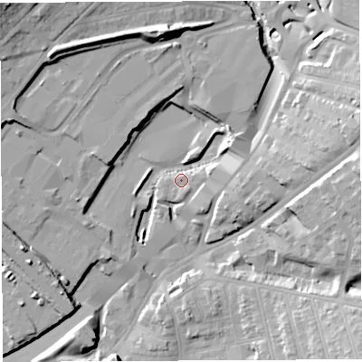 Shaded relief map of the ground around BS56NX, computed from Environment Agency LiDAR. The ground here sits at about 12 m above sea level and falls 23 m across the surrounding 800 m. Surface water reaching this point runs off ground lying to the north-east, 7.7 m higher.