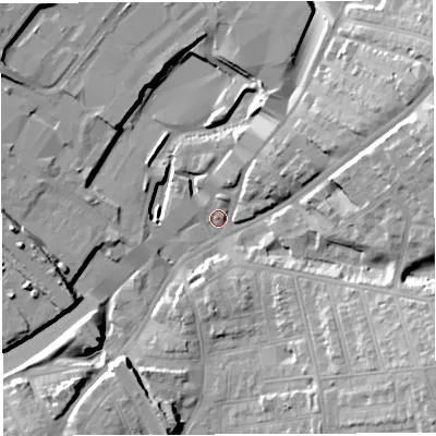 Shaded relief map of the ground around BS56PA, computed from Environment Agency LiDAR. The ground here sits at about 11 m above sea level and falls 22 m across the surrounding 800 m. Surface water reaching this point runs off ground lying to the south-east, 21.5 m higher.