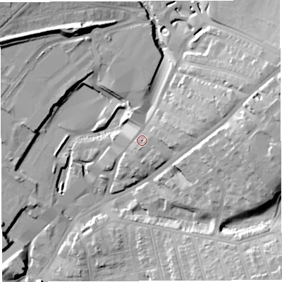 Shaded relief map of the ground around BS56PE, computed from Environment Agency LiDAR. The ground here sits at about 17 m above sea level and falls 25 m across the surrounding 800 m. Surface water reaching this point runs off ground lying to the east-south-east, 2.2 m higher.