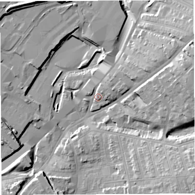 Shaded relief map of the ground around BS56PQ, computed from Environment Agency LiDAR. The ground here sits at about 15 m above sea level and falls 23 m across the surrounding 800 m. Surface water reaching this point runs off ground lying to the north-east, 6.3 m higher.
