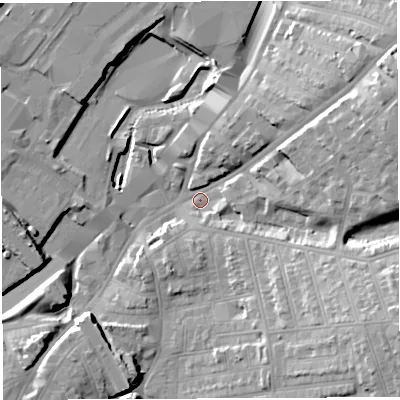 Shaded relief map of the ground around BS56SA, computed from Environment Agency LiDAR. The ground here sits at about 11 m above sea level and falls 23 m across the surrounding 800 m. Surface water reaching this point runs off ground lying to the east-south-east, 21.0 m higher.