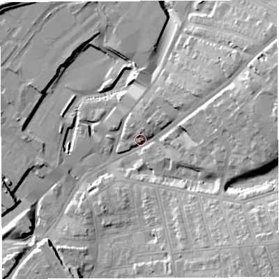 Shaded relief map of the ground around BS56SE, computed from Environment Agency LiDAR. The ground here sits at about 14 m above sea level and falls 24 m across the surrounding 800 m. Surface water reaching this point runs off ground lying to the east-north-east, 20.2 m higher.