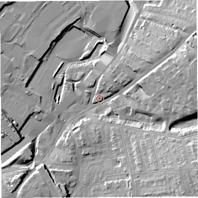Shaded relief map of the ground around BS56SH, computed from Environment Agency LiDAR. The ground here sits at about 12 m above sea level and falls 23 m across the surrounding 800 m. Surface water reaching this point runs off ground lying to the south-east, 21.5 m higher.