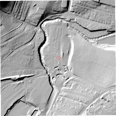 Shaded relief map of the ground around BS56TG, computed from Environment Agency LiDAR. The ground here sits at about 14 m above sea level and falls 54 m across the surrounding 800 m. Surface water reaching this point runs off ground lying to the east-south-east, 0.9 m higher.