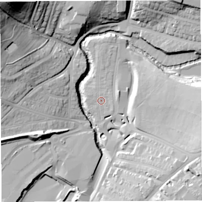 Shaded relief map of the ground around BS56TH, computed from Environment Agency LiDAR. The ground here sits at about 13 m above sea level and falls 53 m across the surrounding 800 m. Surface water reaching this point runs off ground lying to the east, 1.3 m higher.