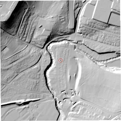 Shaded relief map of the ground around BS56TJ, computed from Environment Agency LiDAR. The ground here sits at about 13 m above sea level and falls 58 m across the surrounding 800 m. Surface water reaching this point runs off ground lying to the south, 0.8 m higher.
