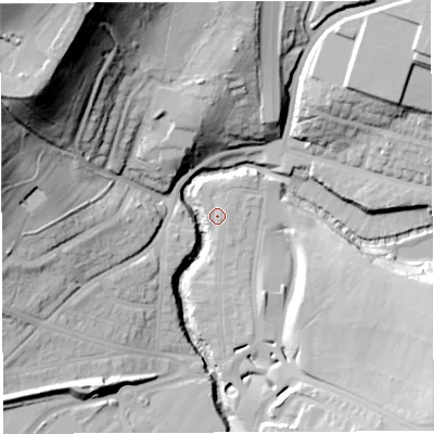 Shaded relief map of the ground around BS56TL, computed from Environment Agency LiDAR. The ground here sits at about 13 m above sea level and falls 65 m across the surrounding 800 m. Surface water reaching this point runs off ground lying to the north-east, 1.1 m higher.