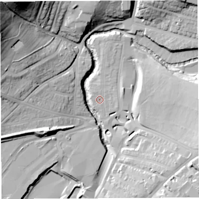 Shaded relief map of the ground around BS56TN, computed from Environment Agency LiDAR. The ground here sits at about 13 m above sea level and falls 51 m across the surrounding 800 m. Surface water reaching this point runs off ground lying to the north-north-west, 1.0 m higher.