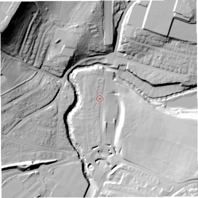 Shaded relief map of the ground around BS56TQ, computed from Environment Agency LiDAR. The ground here sits at about 13 m above sea level and falls 58 m across the surrounding 800 m. Surface water reaching this point runs off ground lying to the south-south-east, 3.3 m higher.