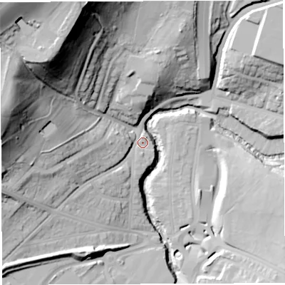 Shaded relief map of the ground around BS56TS, computed from Environment Agency LiDAR. The ground here sits at about 14 m above sea level and falls 68 m across the surrounding 800 m. Surface water reaching this point runs off ground lying to the west-south-west, 15.5 m higher.