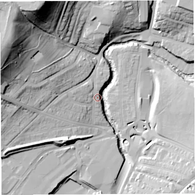 Shaded relief map of the ground around BS56TU, computed from Environment Agency LiDAR. The ground here sits at about 16 m above sea level and falls 57 m across the surrounding 800 m. Surface water reaching this point runs off ground lying to the west, 34.5 m higher.