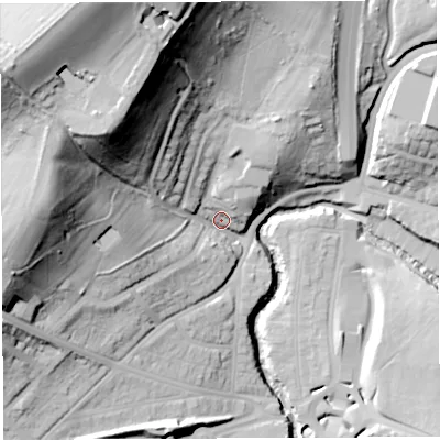 Shaded relief map of the ground around BS56TX, computed from Environment Agency LiDAR. The ground here sits at about 17 m above sea level and falls 71 m across the surrounding 800 m. Surface water reaching this point runs off ground lying to the north-north-west, 64.3 m higher.