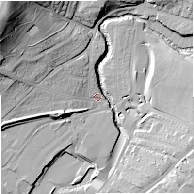 Shaded relief map of the ground around BS56XT, computed from Environment Agency LiDAR. The ground here sits at about 14 m above sea level and falls 51 m across the surrounding 800 m. Surface water reaching this point runs off ground lying to the west-north-west, 25.2 m higher.