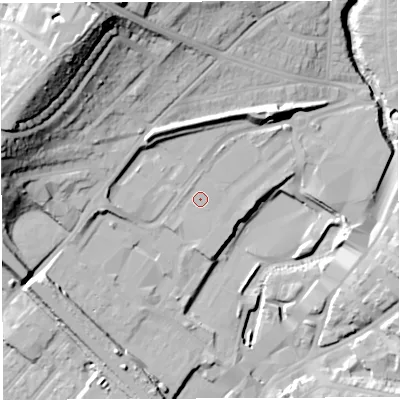Shaded relief map of the ground around BS56XX, computed from Environment Agency LiDAR. The ground here sits at about 17 m above sea level and falls 42 m across the surrounding 800 m. Surface water reaching this point runs off ground lying to the west-north-west, 0.8 m higher.