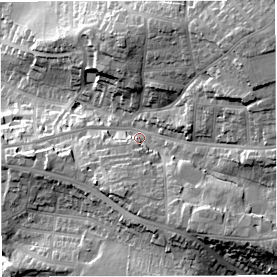 Shaded relief map of the ground around BS57LJ, computed from Environment Agency LiDAR. The ground here sits at about 64 m above sea level and falls 40 m across the surrounding 800 m. Surface water reaching this point runs off ground lying to the east, 18.2 m higher.