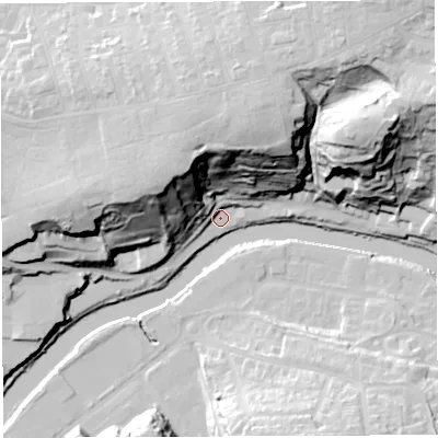 Shaded relief map of the ground around BS58AN, computed from Environment Agency LiDAR. The ground here sits at about 10 m above sea level and falls 57 m across the surrounding 800 m. Surface water reaching this point runs off ground lying to the north-north-east, 50.0 m higher.