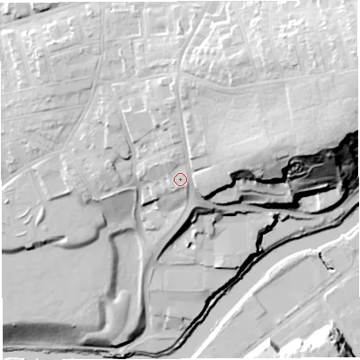 Shaded relief map of the ground around BS58AU, computed from Environment Agency LiDAR. The ground here sits at about 32 m above sea level and falls 50 m across the surrounding 800 m. Surface water reaching this point runs off ground lying to the east-north-east, 24.0 m higher.