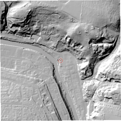 Shaded relief map of the ground around BS58AW, computed from Environment Agency LiDAR. The ground here sits at about 11 m above sea level and falls 70 m across the surrounding 800 m. Surface water reaching this point runs off ground lying to the north-east, 68.0 m higher.