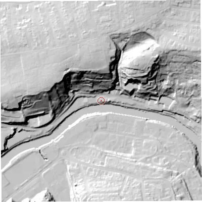 Shaded relief map of the ground around BS58AY, computed from Environment Agency LiDAR. The ground here sits at about 12 m above sea level and falls 60 m across the surrounding 800 m. Surface water reaching this point runs off ground lying to the east-north-east, 60.3 m higher.