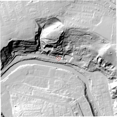 Shaded relief map of the ground around BS58BB, computed from Environment Agency LiDAR. The ground here sits at about 12 m above sea level and falls 70 m across the surrounding 800 m. Surface water reaching this point runs off ground lying to the north, 44.0 m higher.