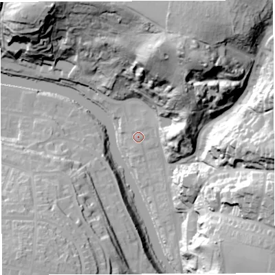 Shaded relief map of the ground around BS58DA, computed from Environment Agency LiDAR. The ground here sits at about 13 m above sea level and falls 70 m across the surrounding 800 m. Surface water reaching this point runs off ground lying to the east-north-east, 8.4 m higher.