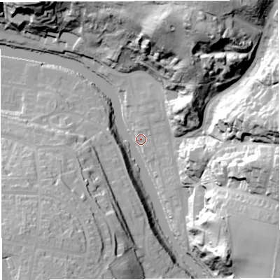 Shaded relief map of the ground around BS58DB, computed from Environment Agency LiDAR. The ground here sits at about 11 m above sea level and falls 70 m across the surrounding 800 m. Surface water reaching this point runs off ground lying to the north-north-east, 70.2 m higher.