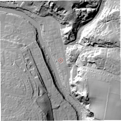 Shaded relief map of the ground around BS58DD, computed from Environment Agency LiDAR. The ground here sits at about 12 m above sea level and falls 69 m across the surrounding 800 m. Surface water reaching this point runs off ground lying to the east-north-east, 19.5 m higher.