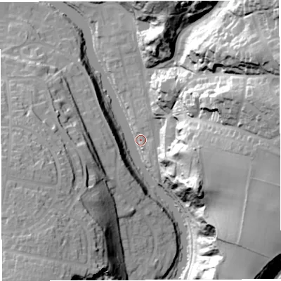 Shaded relief map of the ground around BS58DE, computed from Environment Agency LiDAR. The ground here sits at about 10 m above sea level and falls 68 m across the surrounding 800 m. Surface water reaching this point runs off ground lying to the north-east, 67.9 m higher.