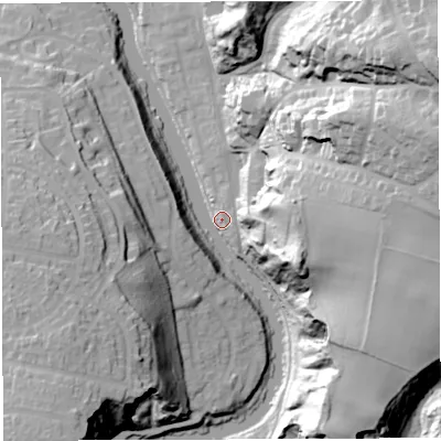 Shaded relief map of the ground around BS58DF, computed from Environment Agency LiDAR. The ground here sits at about 11 m above sea level and falls 67 m across the surrounding 800 m. Surface water reaching this point runs off ground lying to the north-east, 66.7 m higher.