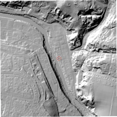 Shaded relief map of the ground around BS58DG, computed from Environment Agency LiDAR. The ground here sits at about 11 m above sea level and falls 70 m across the surrounding 800 m. Surface water reaching this point runs off ground lying to the north-north-east, 70.2 m higher.