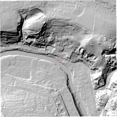 Shaded relief map of the ground around BS58FT, computed from Environment Agency LiDAR. The ground here sits at about 9 m above sea level and falls 71 m across the surrounding 800 m. Surface water reaching this point runs off ground lying to the north-east, 65.8 m higher.