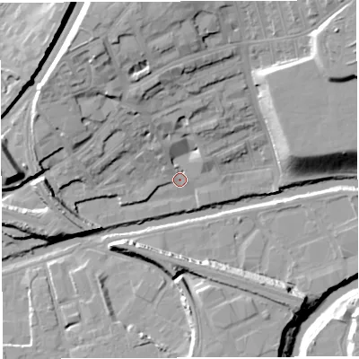 Shaded relief map of the ground around BS59RD, computed from Environment Agency LiDAR. The ground here sits at about 10 m above sea level and falls 25 m across the surrounding 800 m. Surface water reaching this point runs off ground lying to the north, 13.6 m higher.