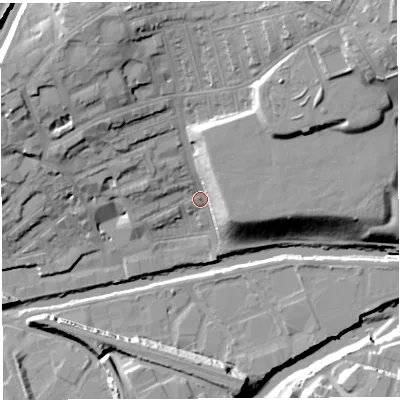 Shaded relief map of the ground around BS59SD, computed from Environment Agency LiDAR. The ground here sits at about 11 m above sea level and falls 30 m across the surrounding 800 m. Surface water reaching this point runs off ground lying to the north-east, 21.8 m higher.