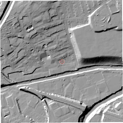 Shaded relief map of the ground around BS59SE, computed from Environment Agency LiDAR. The ground here sits at about 10 m above sea level and falls 27 m across the surrounding 800 m. Surface water reaching this point runs off ground lying to the north-west, 6.6 m higher.