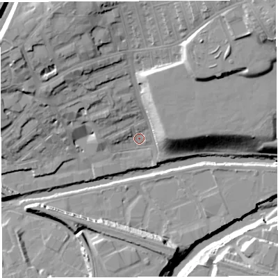 Shaded relief map of the ground around BS59SF, computed from Environment Agency LiDAR. The ground here sits at about 10 m above sea level and falls 28 m across the surrounding 800 m. Surface water reaching this point runs off ground lying to the north-west, 6.8 m higher.