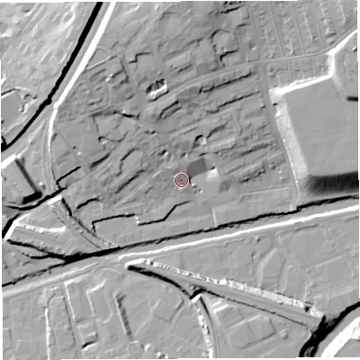 Shaded relief map of the ground around BS59TQ, computed from Environment Agency LiDAR. The ground here sits at about 12 m above sea level and falls 26 m across the surrounding 800 m. Surface water reaching this point runs off ground lying to the north-north-west, 10.3 m higher.