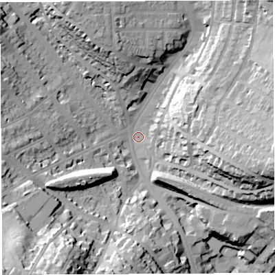 Shaded relief map of the ground around BS65AA, computed from Environment Agency LiDAR. The ground here sits at about 26 m above sea level and falls 43 m across the surrounding 800 m. Surface water reaching this point runs off ground lying to the south-south-west, 35.9 m higher.