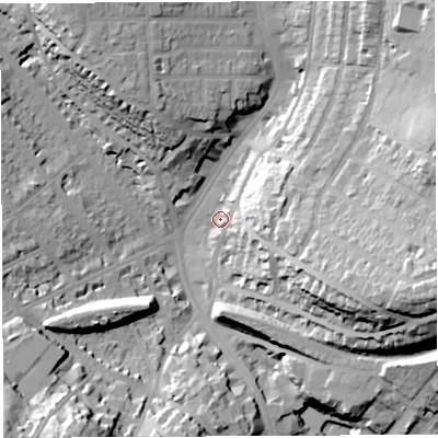 Shaded relief map of the ground around BS65AB, computed from Environment Agency LiDAR. The ground here sits at about 29 m above sea level and falls 42 m across the surrounding 800 m. Surface water reaching this point runs off ground lying to the east-south-east, 37.0 m higher.