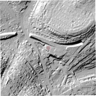 Shaded relief map of the ground around BS65EE, computed from Environment Agency LiDAR. The ground here sits at about 35 m above sea level and falls 48 m across the surrounding 800 m. Surface water reaching this point runs off ground lying to the east-north-east, 28.7 m higher.