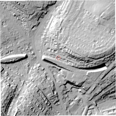 Shaded relief map of the ground around BS65HD, computed from Environment Agency LiDAR. The ground here sits at about 32 m above sea level and falls 50 m across the surrounding 800 m. Surface water reaching this point runs off ground lying to the east, 29.1 m higher.