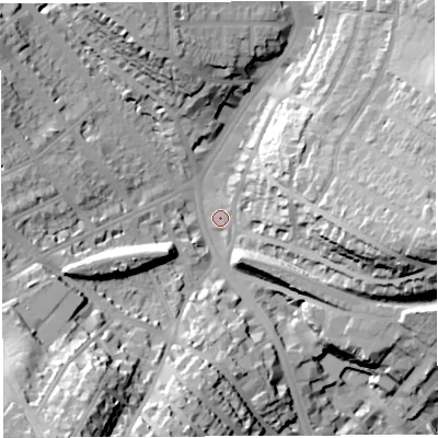 Shaded relief map of the ground around BS65HE, computed from Environment Agency LiDAR. The ground here sits at about 27 m above sea level and falls 46 m across the surrounding 800 m. Surface water reaching this point runs off ground lying to the south-west, 38.6 m higher.