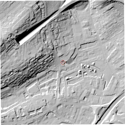 Shaded relief map of the ground around BS65JD, computed from Environment Agency LiDAR. The ground here sits at about 14 m above sea level and falls 53 m across the surrounding 800 m. Surface water reaching this point runs off ground lying to the west-north-west, 46.0 m higher.