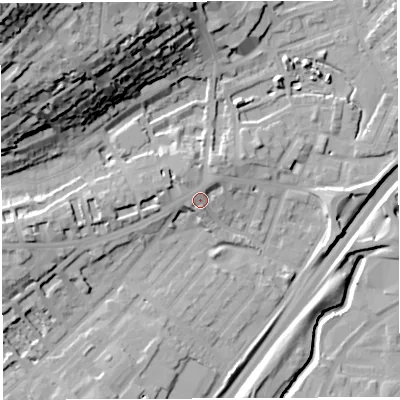 Shaded relief map of the ground around BS65PA, computed from Environment Agency LiDAR. The ground here sits at about 15 m above sea level and falls 54 m across the surrounding 800 m. Surface water reaching this point runs off ground lying to the north-west, 2.0 m higher.