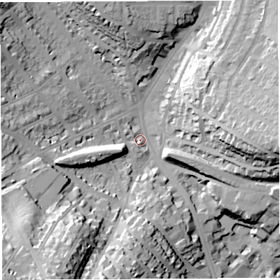 Shaded relief map of the ground around BS65QP, computed from Environment Agency LiDAR. The ground here sits at about 26 m above sea level and falls 49 m across the surrounding 800 m. Surface water reaching this point runs off ground lying to the south-south-west, 41.0 m higher.