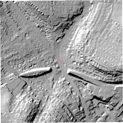 Shaded relief map of the ground around BS65QU, computed from Environment Agency LiDAR. The ground here sits at about 26 m above sea level and falls 47 m across the surrounding 800 m. Surface water reaching this point runs off ground lying to the south-west, 38.7 m higher.