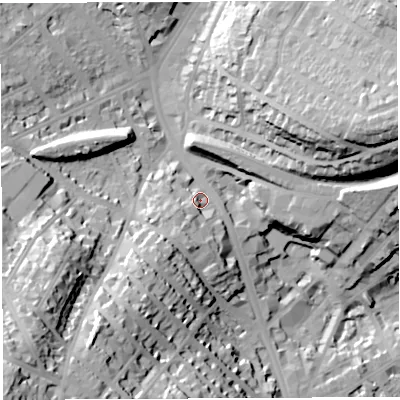 Shaded relief map of the ground around BS65QX, computed from Environment Agency LiDAR. The ground here sits at about 29 m above sea level and falls 58 m across the surrounding 800 m. Surface water reaching this point runs off ground lying to the south-south-west, 11.2 m higher.
